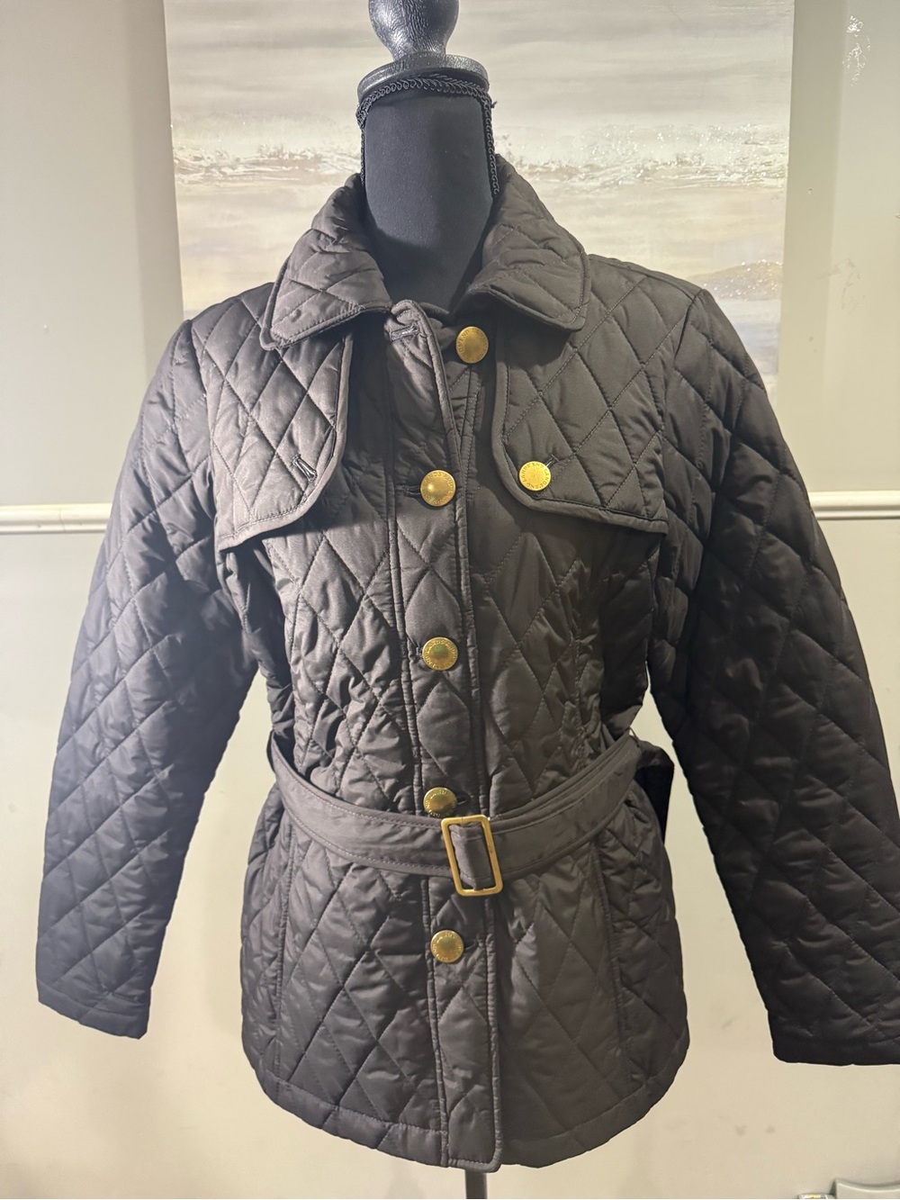 Lands' End Black Quilted Belted Puffer Jacket brown